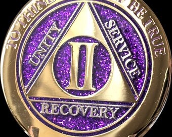 2 Year AA Medallion Elegant Purple Glitter Gold Plated Sobriety Chip