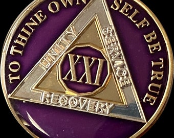 21 22 23 24 or 25 Year AA Medallion Metallic Purple Tri-Plate Sobriety Chip