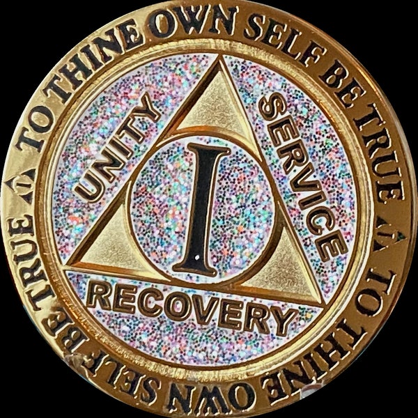 1 - 15 Year AA Medallion Reflex Birthday Funfetti Silver Glitter Multi Color Gold Plated Sobriety Chip