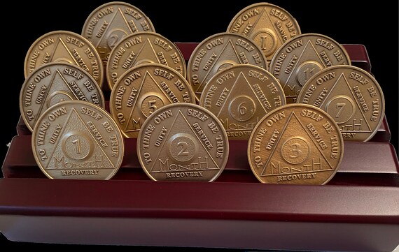 Set of 13 First Year AA Medallions With Wood Coin Display Month 1 2 3 4 5 6 7 8 9 10 11 and 24 Hours and 1 Year