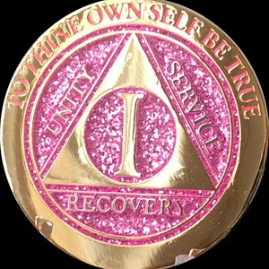 1 Year AA Medallion Elegant Pink Glitter Gold Plated Sobriety Chip