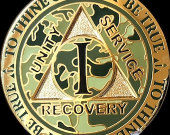 Camo Color AA Medallion 1 - 15 25 and 30 Year Gold Plated Sobriety Chip