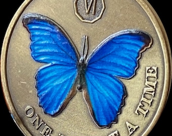1 2 3 4 5 6 7 8 9 or 10 Year Color Blue Butterfly One Day At A Time Medallion Serenity Prayer Bronze Chip