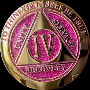 4 Year AA Medallion Elegant Pink Fuschia Glitter Gold Sobriety Chip