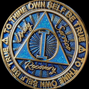 1 Or 2 Year AA Medallion Cosmic Blue Glitter Alcoholics Anonymous Sobriety Chip