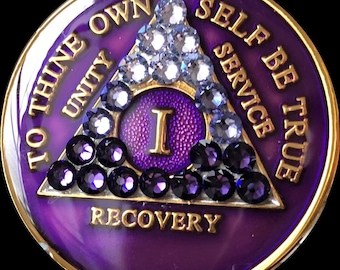 1 Year AA Medallion Purple Transition Swarovski Crystal Sobriety Chip