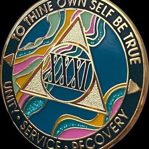 31 Year AA Medallion Elegant Marble Tahiti Teal Blue and Pink Sobriety Chip