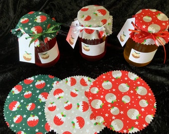 Cloth jam jar covers Xmas Fabric lid tops pack all 3 Christmas pud colours includes bands labels satin ribbon tags X 18 2 sizes avalible