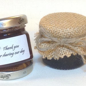 50 X jam Wedding favour HESSIAN lid top covers + twine/bands/labels X 50. 3 sizes avalible