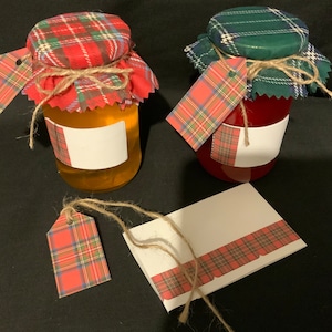 12 x Cloth jam jar tops  TARTAN  6 of each colour Fabric lid tops covers includes bands labels tags twine