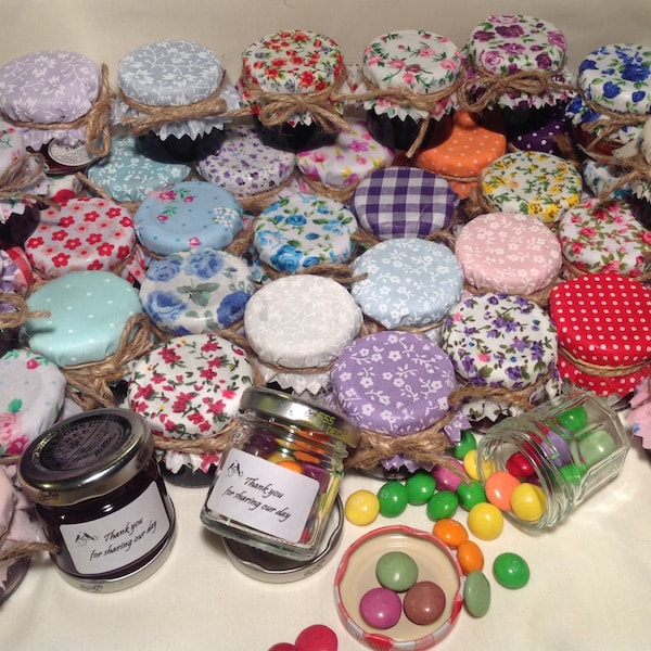 50 X jam covers fabric lid tops + twine/bands/labels X 50