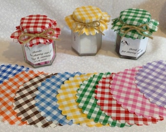 JAM Jar tops cloth X 50  GINGHAM includes bands and twine ,  2 sizes available