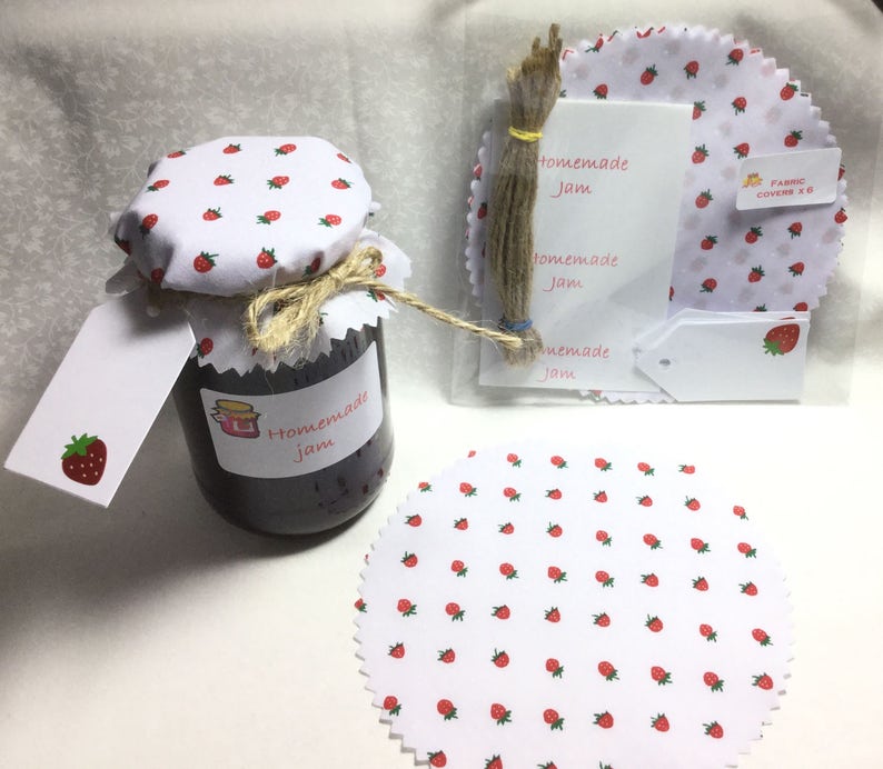 Jam Covers X 12 Fabric Lid Tops Strawberry Print Includes Etsy
