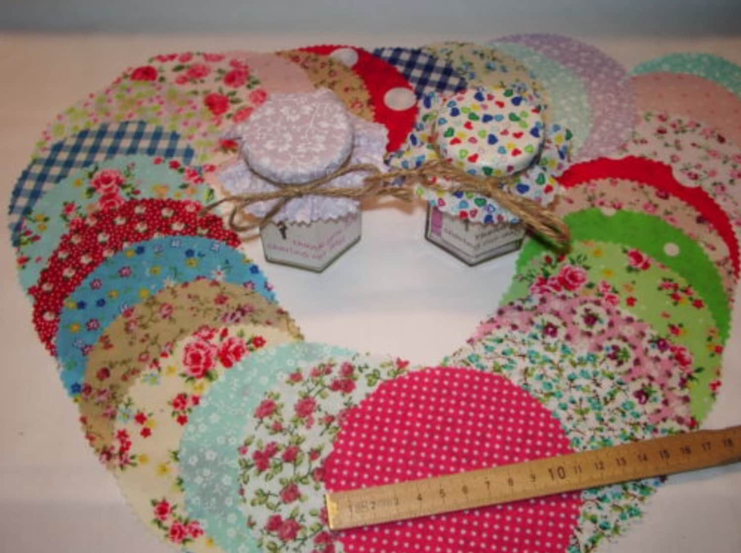50 X jam covers/wedding favour fabric lid tops to fit jar lids Etsy