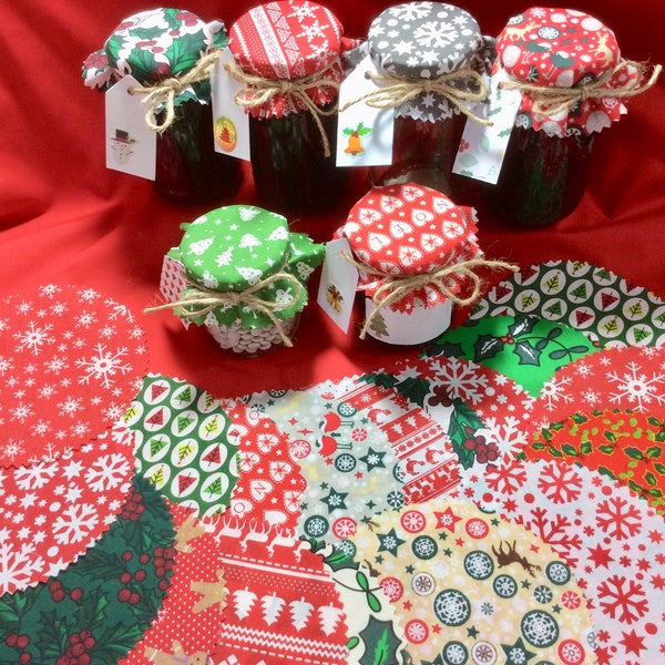 40 x 40 couvercles de pots de confiture en tissu Xmas Mix Couvercles supérieurs en tissu comprenant des bandes et des étiquettes 3 tailles disponibles