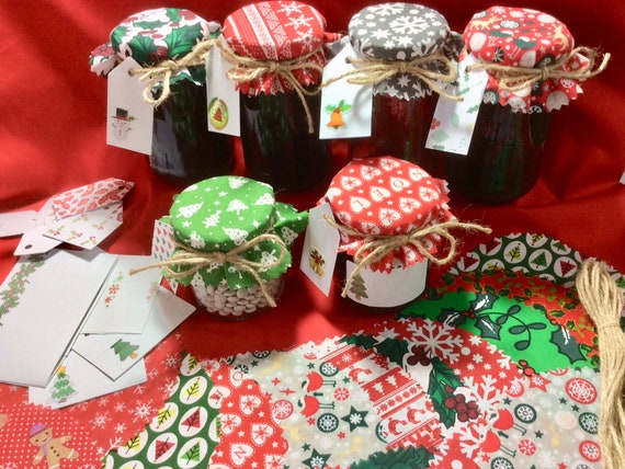 10 X Cloth Jam Tops Xmas Mix Fabric Lid Top Covers Bands Jar Label Twine