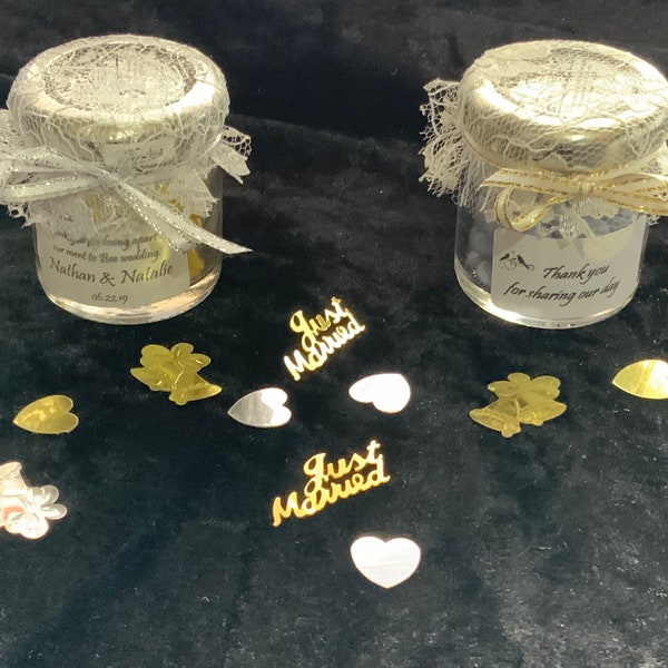 50 X lace jam jar Wedding  lid covers  plus  bands, labels and ribbon choose cream or white