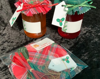 12 x fabric jam jar tops CHRISTMAS TARTAN  6 of each colour Fabric lid tops covers includes bands labels tags ribbon