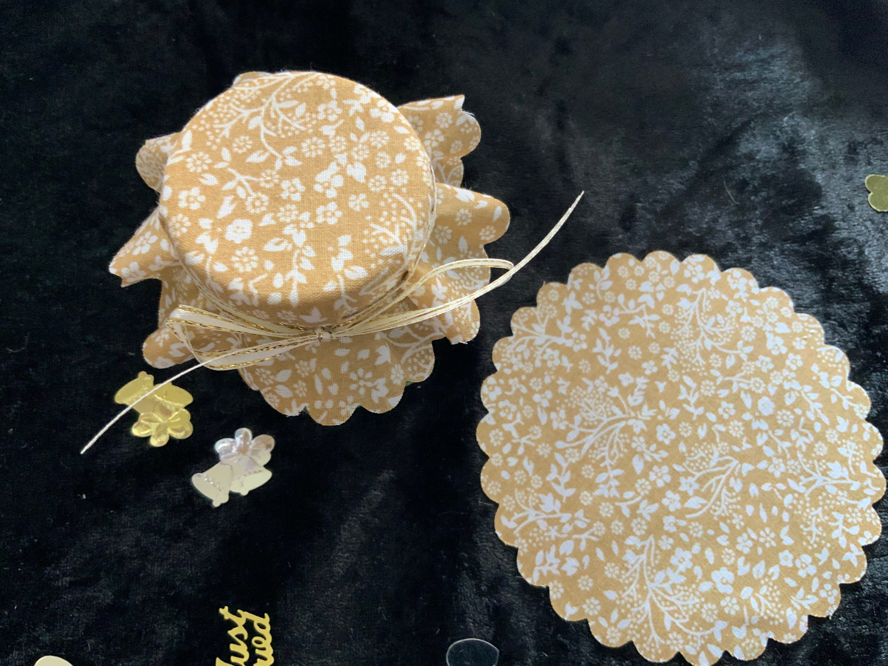 50 X gold floral jam jar Wedding fabric lid covers plus Etsy