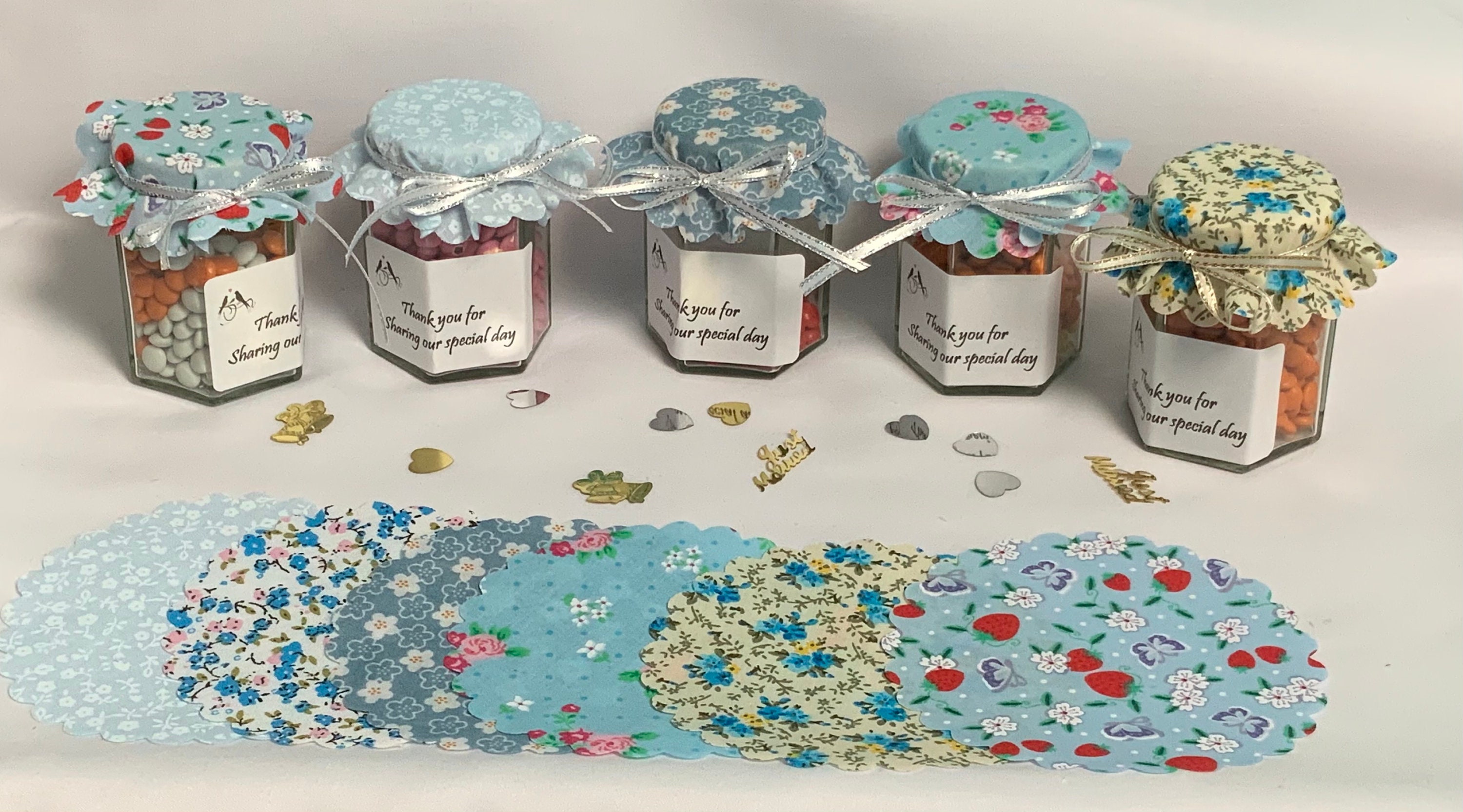 50 X fabric jam jar Wedding fabric lid covers BLUE INCLUDES Etsy