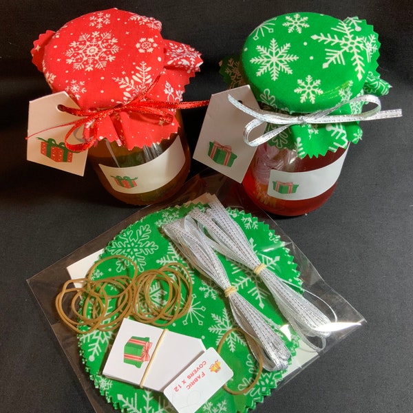 12 couvercles de pots de confiture pour Noël Couvercles en tissu inclus, bandes élastiques incluses. Étiquettes pour pots, ruban de satin et étiquettes