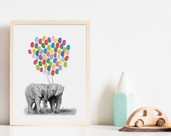 Elefantenkunst | Fingerabdruck | Baby Shower Gästebuch | Elefant Motiv | Elefant Kinderzimmer | Fingerabdruck Luftballons | Baby Geschenk | Zwillinge