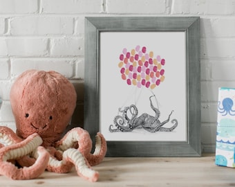 Octopus print | Kid art | Fingerprint balloons | Thumbprint art | Shower guestbook | Nursery theme | Baby gift