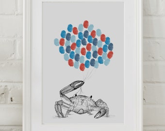 Crab print | Fingerprint balloons | Baby shower gift | Thumbprint guestbook | Crab theme | Nursery art