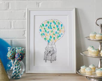 Hot Air Balloon | Elephant print | Fingerprint balloons | Thumbprint art | Baby shower guestbook | Nursery art