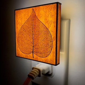 May include: A square night light featuring an orange leaf design. The leaf is a detailed silhouette against a warm, glowing background. The night light is plugged into a white wall socket.