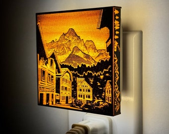 Mountain Town Night Light, Leavenworth Washington, PNW, Hiker Gift, Cabin Decor, Rustic Wood, Mountain Life, WA State, Washington State