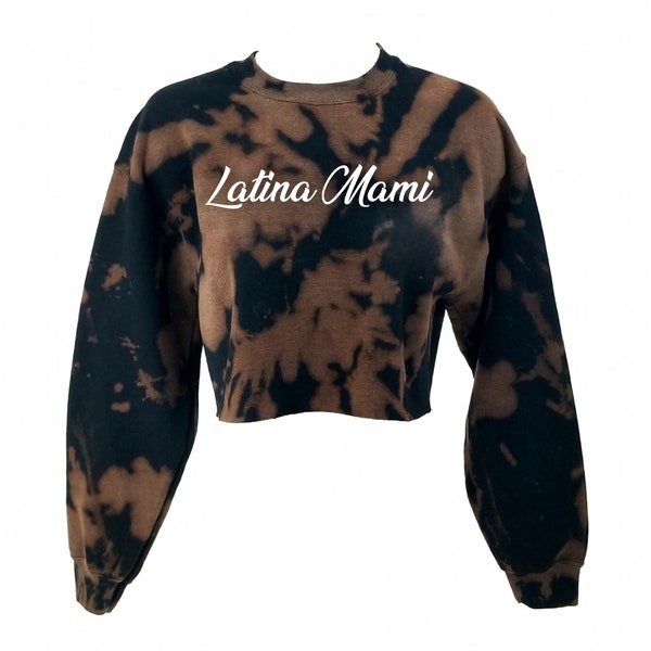 LATINA MAMI Acid Washed Distressed Cropped Crop Top Long Sleeve Pullover Crewneck Sweatshirt - reworked vintage y2k rock tee hip hop rap tee