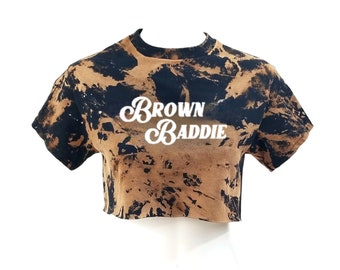 BROWN BADDIE Acid Washed Distressed "Cropped" Crop Top Tee - streetwear hip hop rap tee rock tee tour tee band tee heavy metal punk reworked