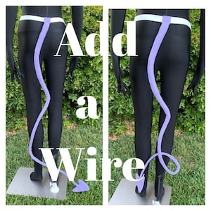 May include: Two images side-by-side showing a black mannequin wearing black leggings and a white waistband. A light purple wire is attached to the waistband and curves down the leg. The text "Add a Wire" is overlaid on the image.