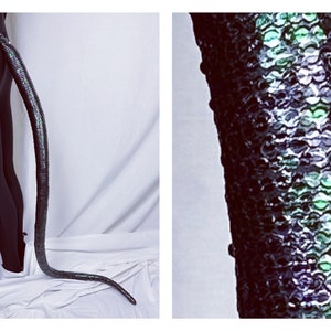 Black, silver and green sequined reptile tail. Dinosaur. Lizard. Snake. Costume. Cosplay.