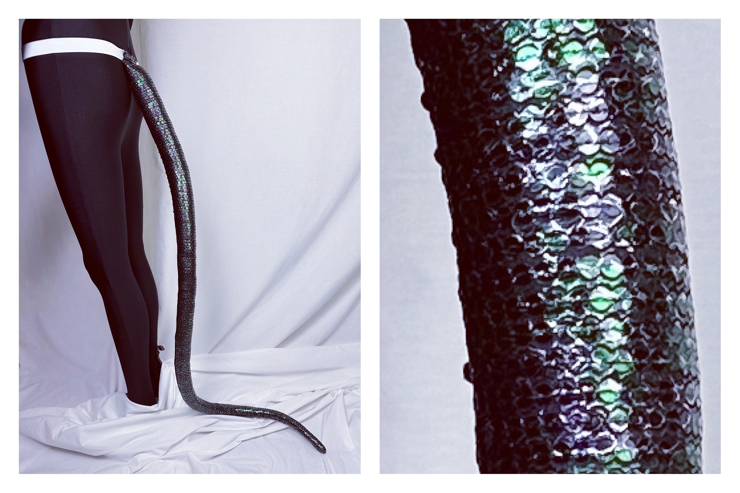 Black, silver and green sequined reptile tail. Dinosaur. Lizard. Snake. Costume. Cosplay.