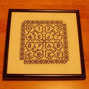 Könnte beinhalten: Ein gerahmtes Schwarzweiß-Kreuzstich-Design mit den Zahlen 0-12, die in einem Kreis angeordnet sind.