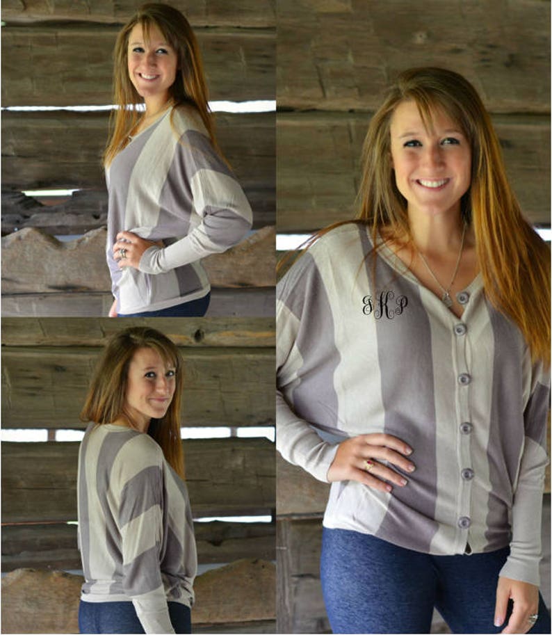 Monogrammed Wide Striped Button Front Cardigan