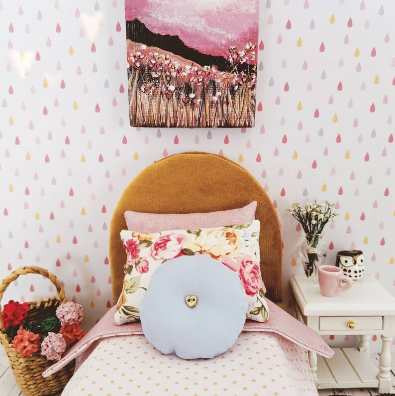 Miniature Velvet Bed Mustard and Pink Floral Bedding Set Etsy