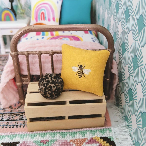Miniature Bee Cushion, 1:12 scale, 1 inch scale, modern dollhouse living room decor accessories, Honey Bumble bee, nature inspired cushion