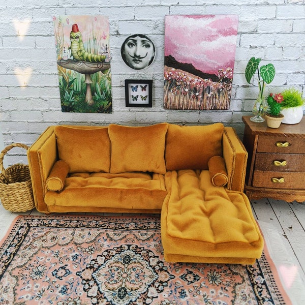 Miniature L-shaped sofa, Pink Velvet modern miniature couch, miniature lounge, designer sofa, pink sofa, modern dollhouse furniture