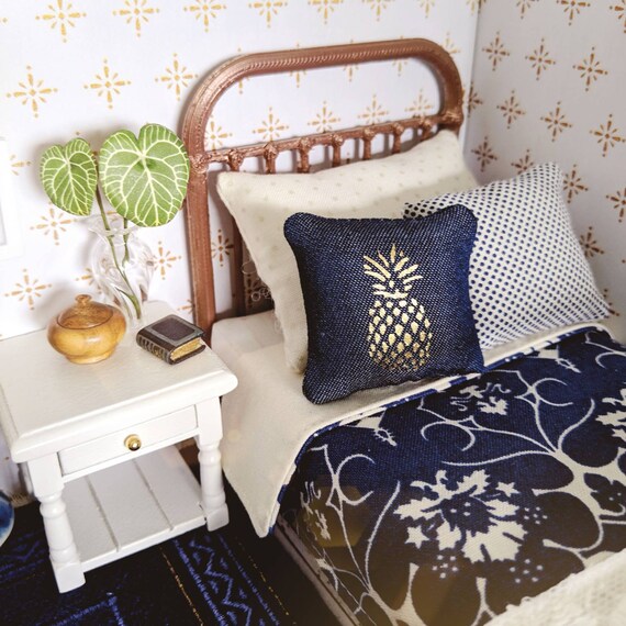 Hamptons Blue White Tropical Miniature Bed Dollhouse Bedding 1 12 Scale Modern Bed Rose Gold Miniature Bed Modern Miniature Furniture