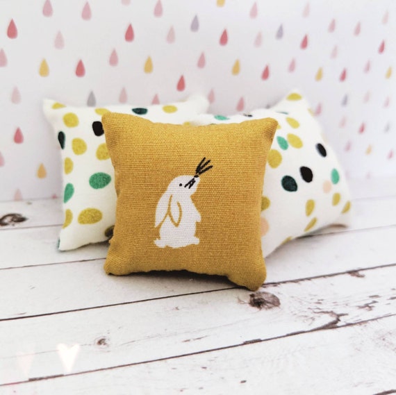Miniature Easter Rabbit Cushions, Easter Egg Pillow Decor, Mustard