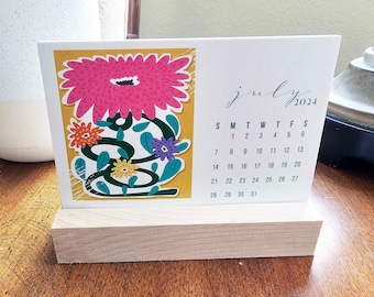 READY TO SHIP // Vivid Floral Garden Art Mini Desk Calendar 2024 | 2024 Calendar + Stand | Teacher Gift | Stocking Stuffer | Co-Worker Gift