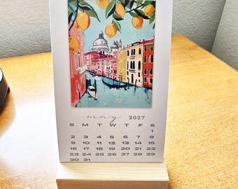 Calendrier de bureau 2027, édition limitée Italie, aquarelle, avec support en bois