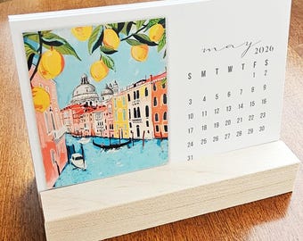 2027 Italy Watercolor Art Desk Calendar with Wood Stand