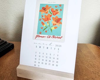 Calendrier de bureau 2027 à motif floral audacieux avec support en bois d'érable