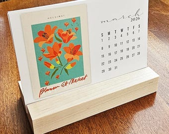 Calendrier de bureau 2027 à motif floral audacieux avec support en bois d'érable