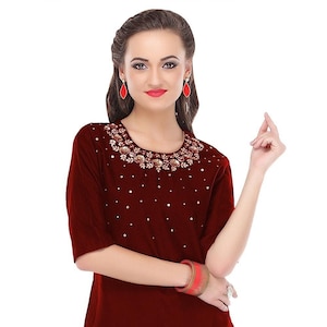 Hand Embroidered Cotton Silk Kurti in Maroon
