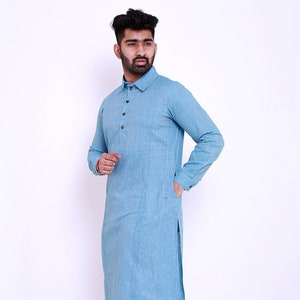 Pintucked Linen Cotton Kurta Set in Sky Blue